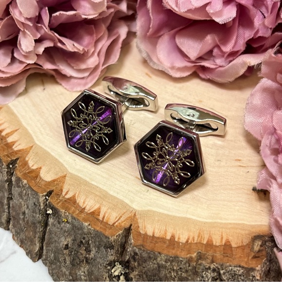 Stunning French Inspired Engraved Purple Hexagon Cufflinks - Picture 4 of 16